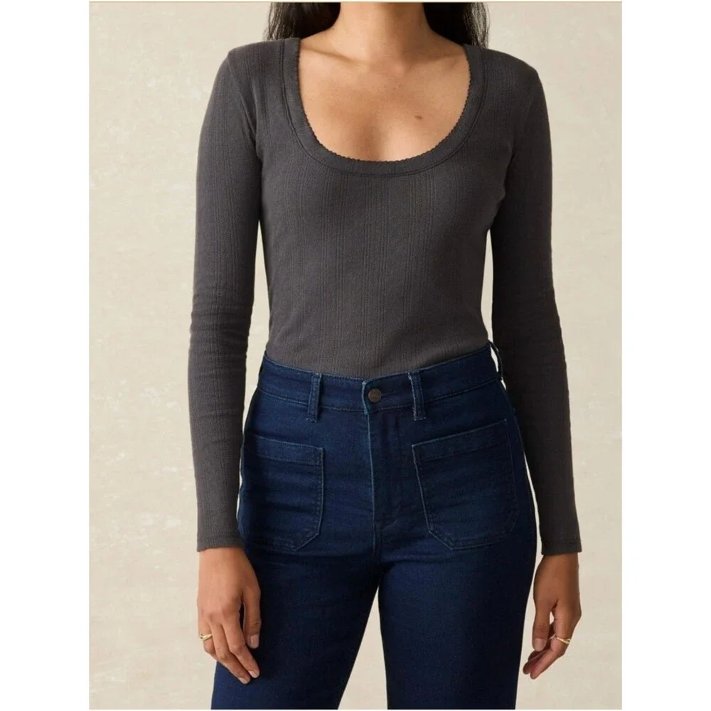 Faherty Pacific Pointell Scoop Neck Long Sleeve Tee T-Shirt Washed Black Small - Picture 1 of 8